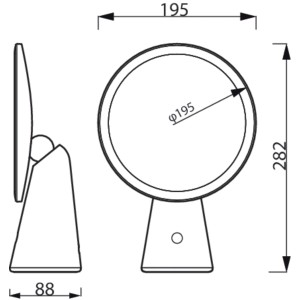 Technische Zeichnung der pinken Philips Tischleuchte Mirror mit Spiegel und Maßen.
