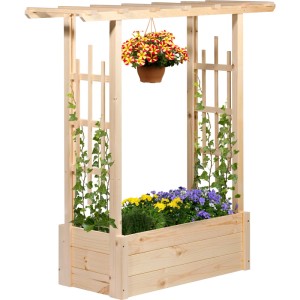 Naturfarbener Dobar Pflanzkasten Pergola aus Holz mit Rankhilfe und Bepflanzung.