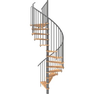 Graue Minka Spindeltreppe Spiral Smart Buche, Durchmesser 160 cm, für Geschosshöhe bis 305,5 cm.