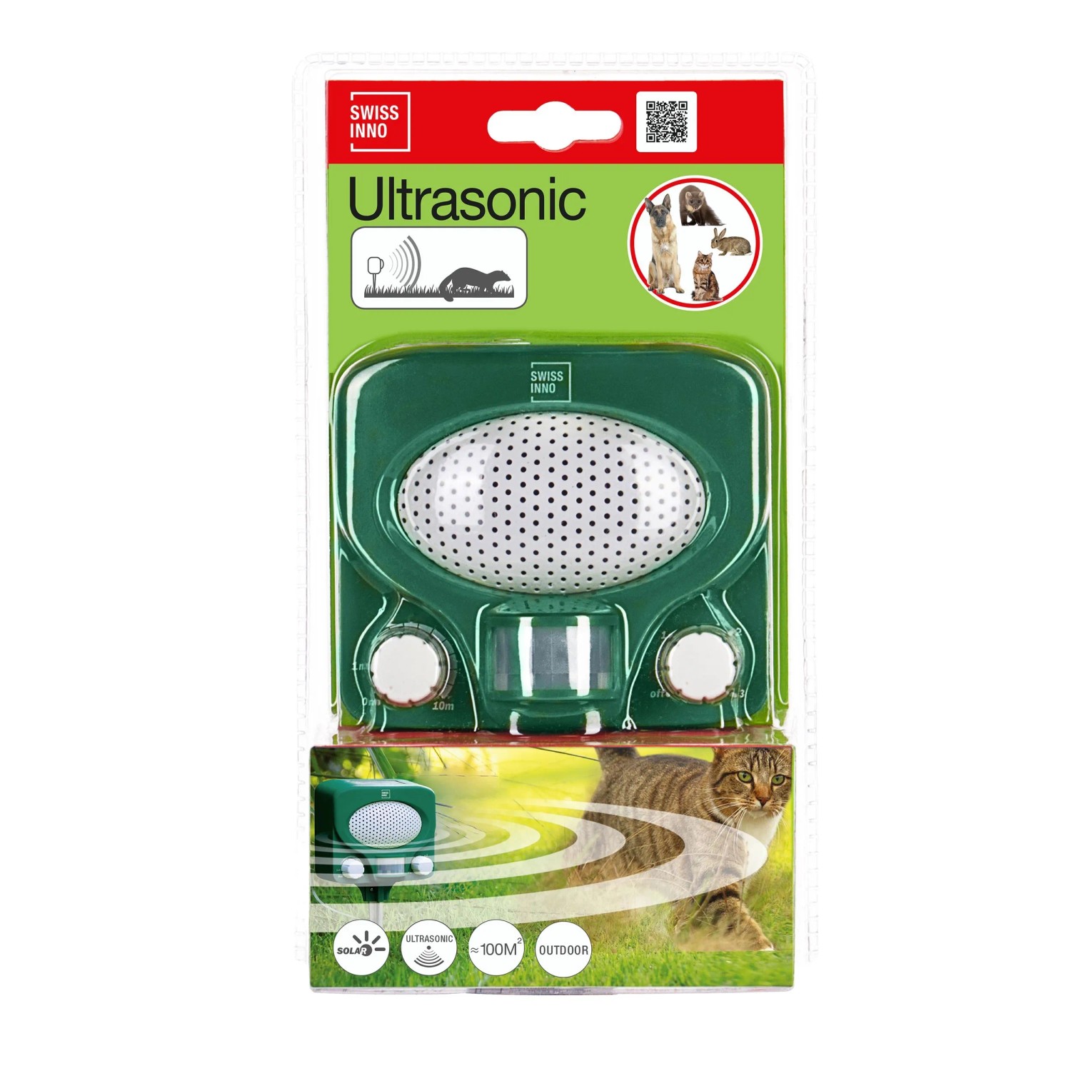 Swissinno Ultraschall Tiervertreiber Solar, 100m² Reichweite, zur Abwehr von Katzen und anderen Tieren.