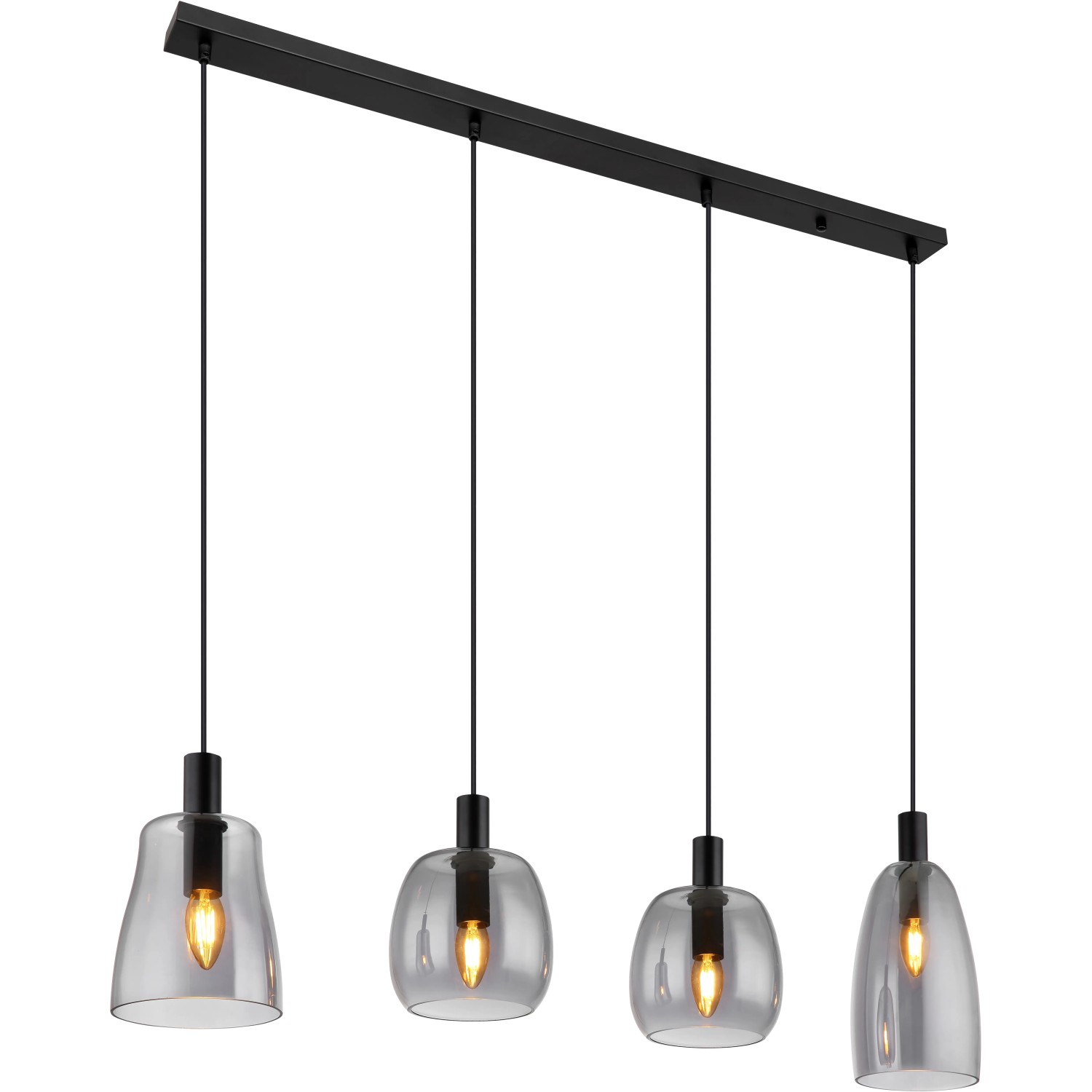 Schwarze, 4-flammige Globo Pendelleuchte mit Rauchglas-Schirmen in verschiedenen Formen.