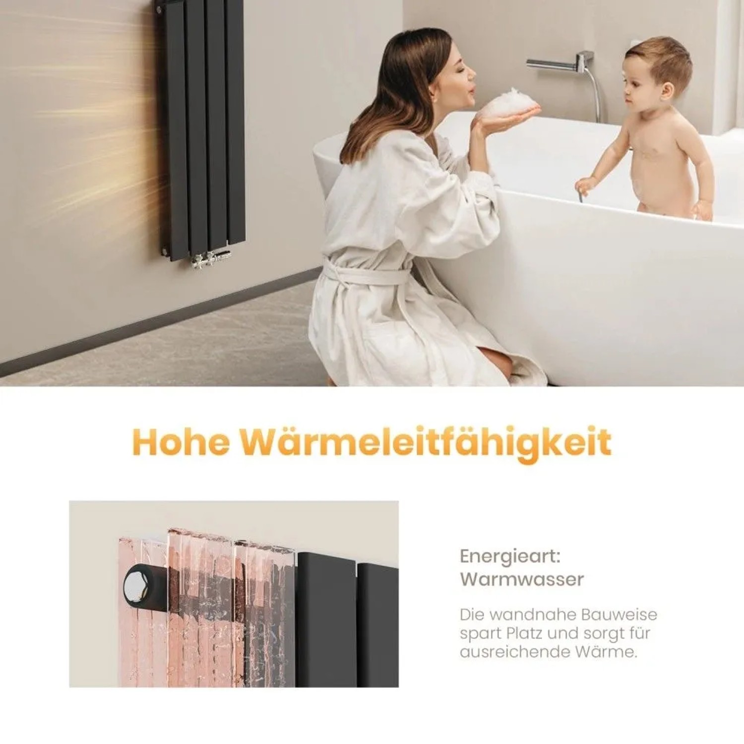 Schwarzer Emke Flachheizkörper im Bad, wärmt den Raum. Frau mit Baby in Wanne. Hohe Wärmeleitfähigkeit, Warmwasser.
