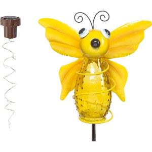 Gelber LED-Solarspieß Cabelli Schmetterling aus Glas und Metall für den Garten.
