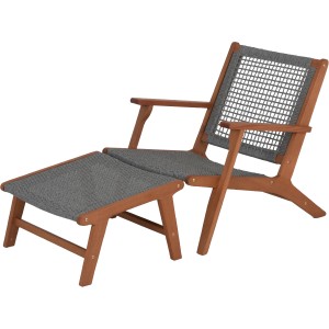 Acamp Relax-Chair Bangkok Teak-Grau mit Fußhocker, Gartenstuhl aus FSC® Akazienholz mit grauem FlexMesh-Geflecht.