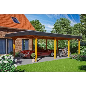 Skan Holz Carport Wendland Eiche hell mit Auto und Motorrad, Aludach schwarz.