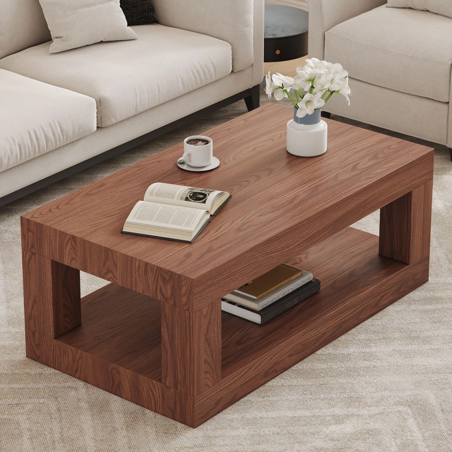 okwish Couchtisch mit MDF Doppelschicht Wohnzimmer Lager Regal 93x53x45cm Walnuss_4