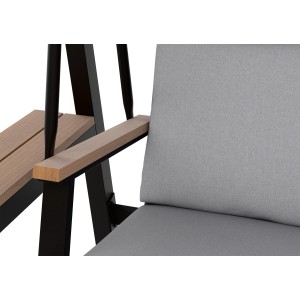 Detailaufnahme: Hollywoodschaukel Summerdale, anthrazitfarbenes Gestell, hellgraue Polster und Holzablage.