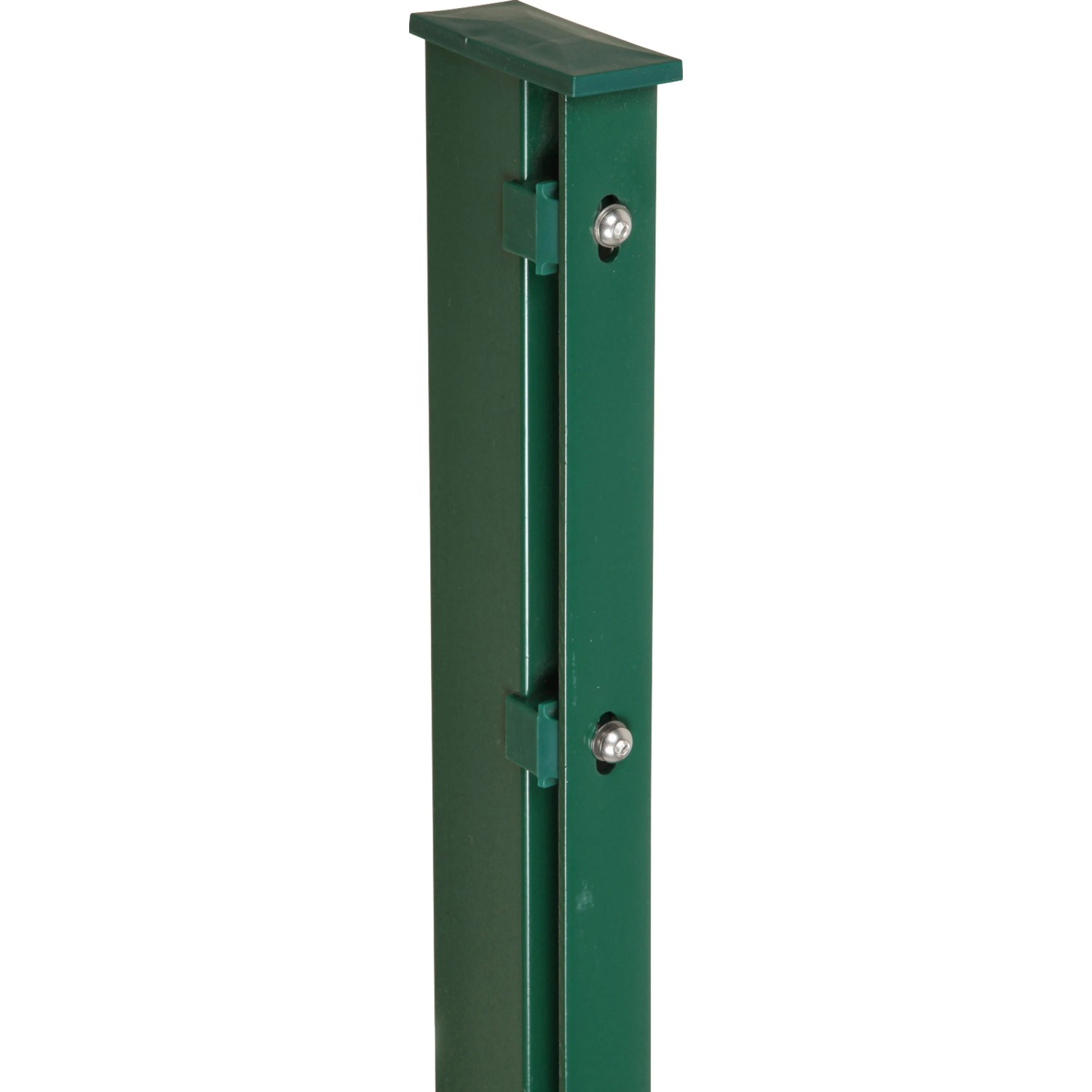 Grüner Zaunpfosten (120 cm) mit flacher Abdeckschiene für Zaunbau & Sichtschutz.