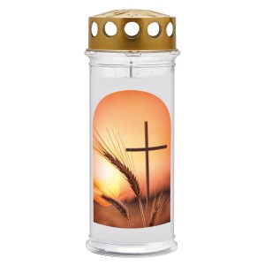 Weißes Motiv-Grablicht Ambrosius Ähre, 7 Tage Brenndauer, mit Ähren- und Kreuz-Motiv.