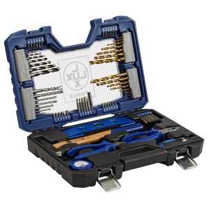 Offener LUX Werkzeugkoffer 71-teilig mit Bohrern, Bits, Hammer, Zangen und Wasserwaage.