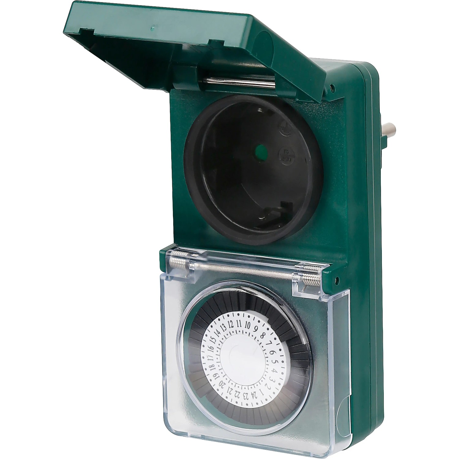 Grüne mechanische Tageszeitschaltuhr mit 48 Schaltmöglichkeiten für Lampen und Geräte.