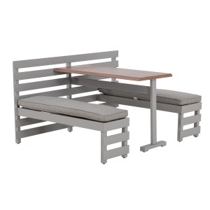 Sunjoy Gartentisch Lagos mit Bänken und grauen Polstern, ideal für Balkon und Garten.