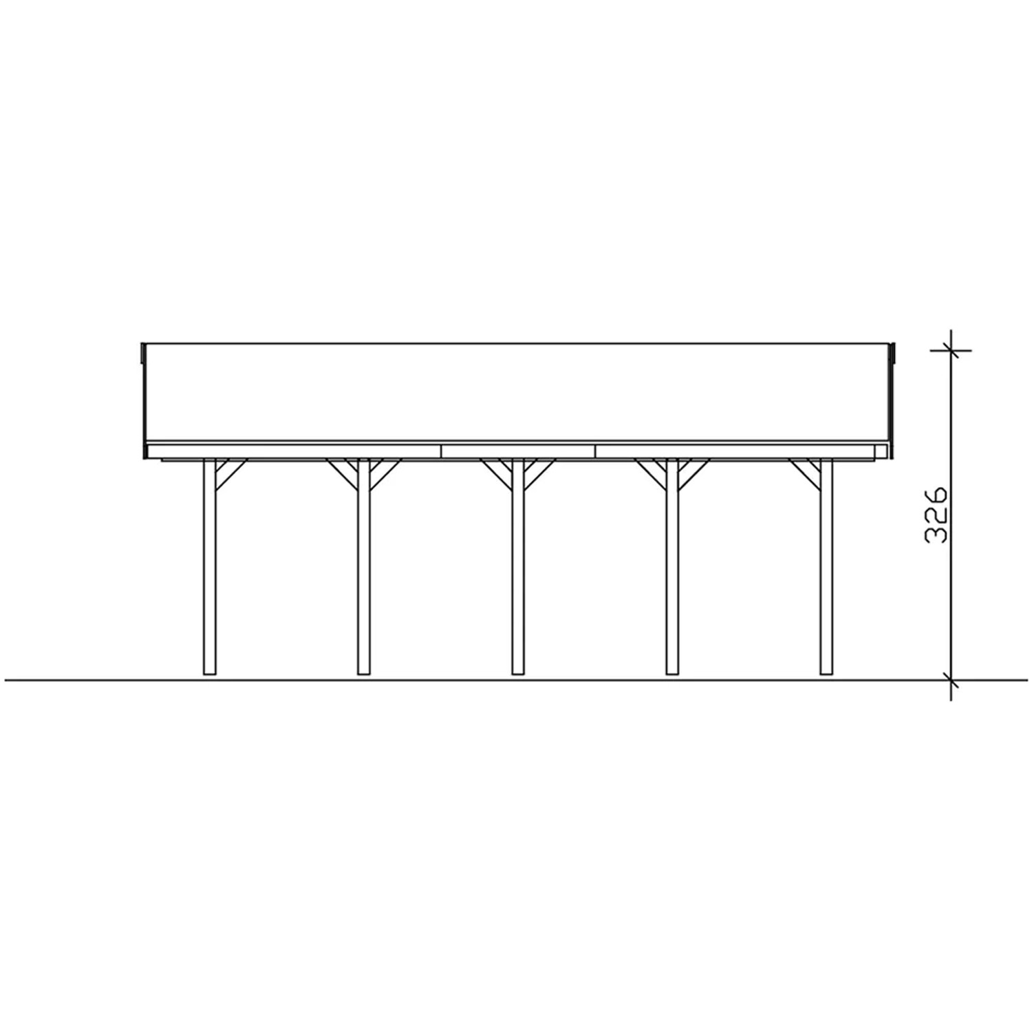 Skizze Satteldach-Carport Wallgau Nussbaum mit schwarzen Schindeln, Seitenansicht mit Höhenangabe.