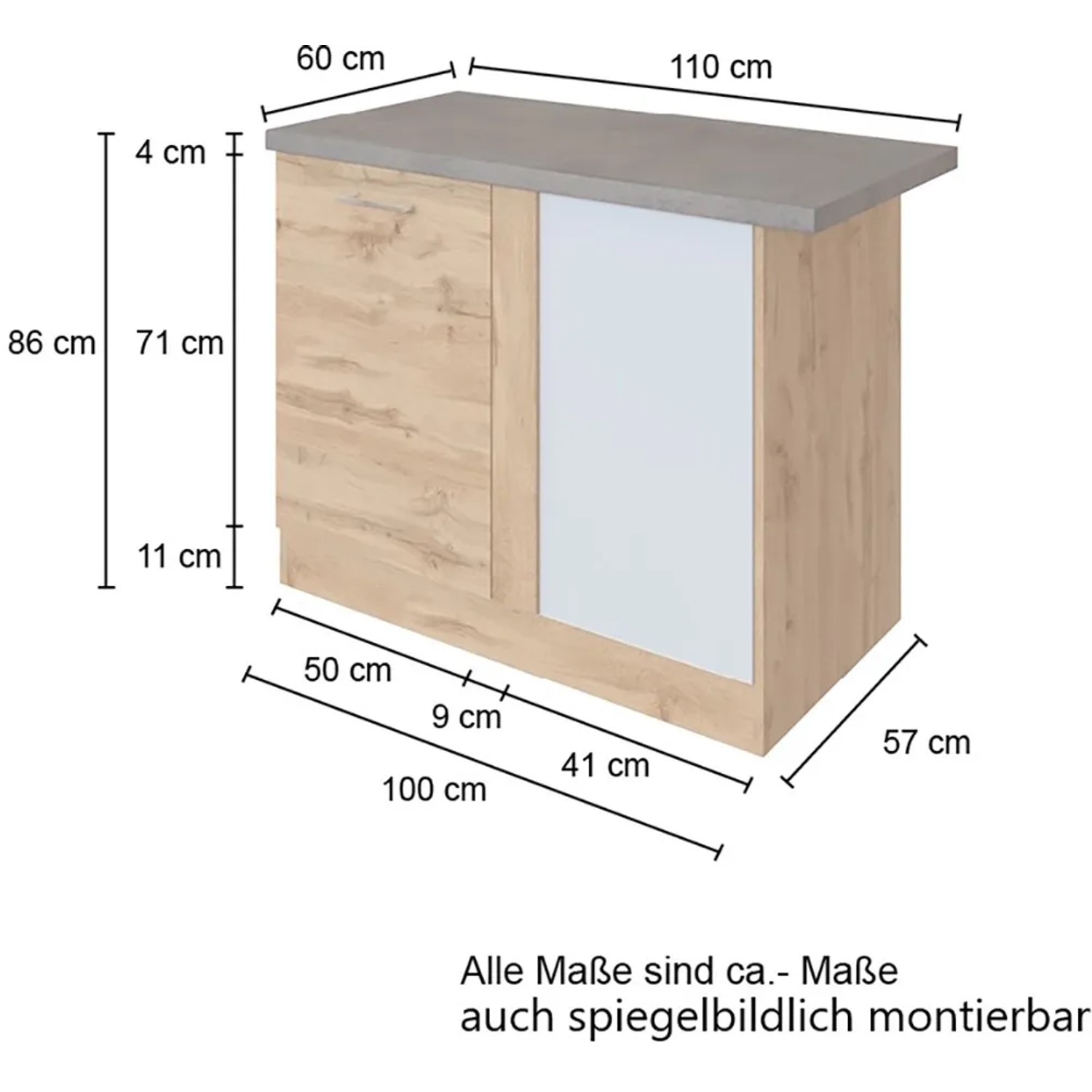 Held Möbel Eckunterschrank Sorrento, 110x85x60 cm, weiße Tür und Einlegeboden. Küchen Eckschrank im modernen Design.