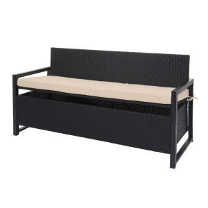 Anthrazitfarbene MCW Poly-Rattan 3er Sitzbank mit beigen Kissen und Staufach.