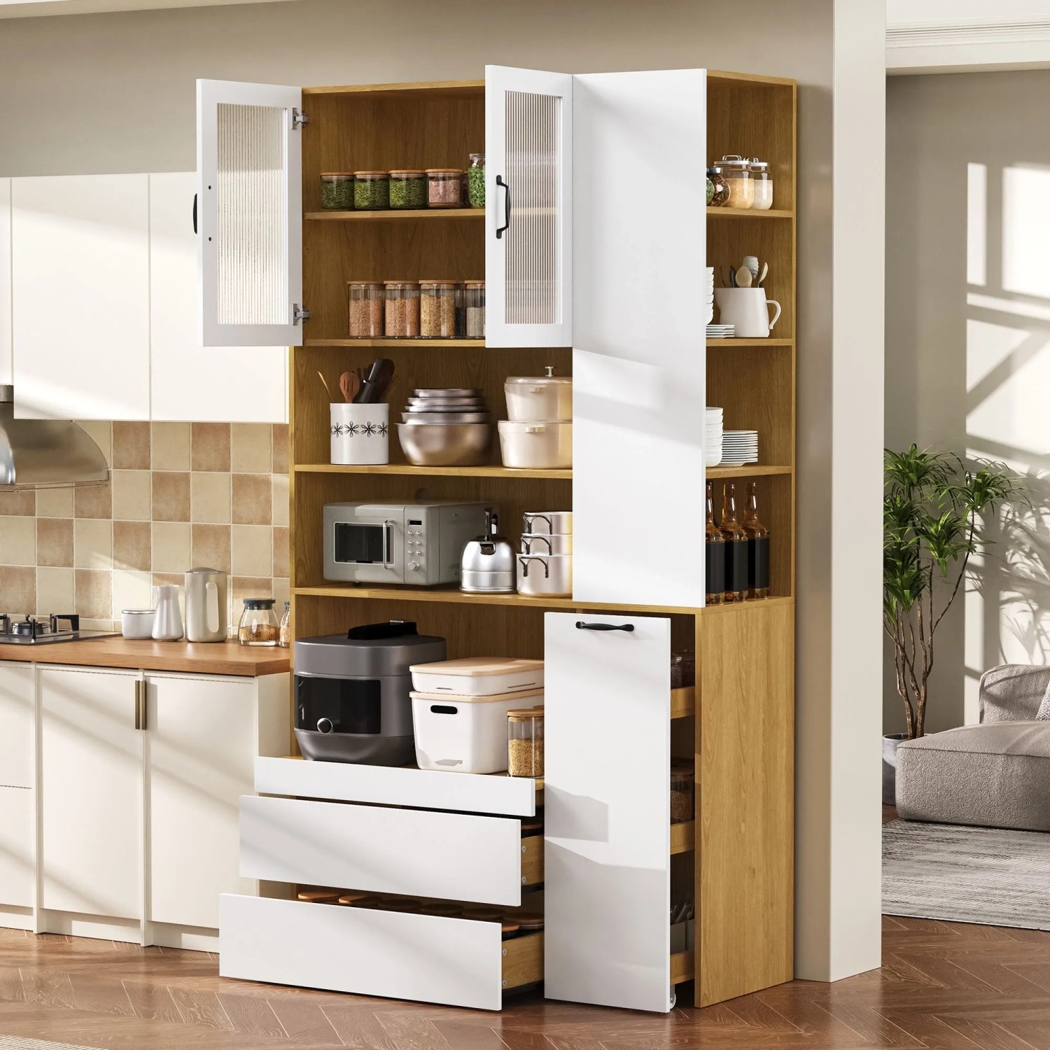 okwish Highboard mit Riffelglas Schubladen Verstellbare Böden Küche 100x40x200cm Natur kaufen bei OBI
