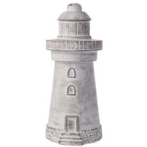 Grau-weißer Deko-Leuchtturm, 30 cm hoch, für maritime Gartendekoration.