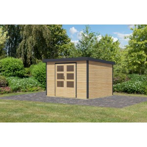 Karibu Gartenhaus Diego 5 A, naturbelassen/anthrazit, mit Doppeltür und Fenster, im Garten.