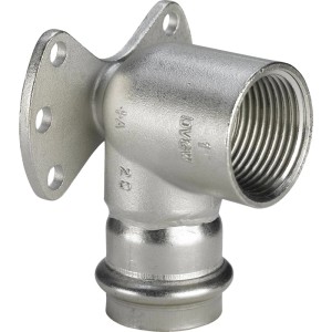 Viega Sanpress Inox Wandscheibe mit 90° Bogen, Pressfitting mit Innengewinde und Befestigungsplatte.