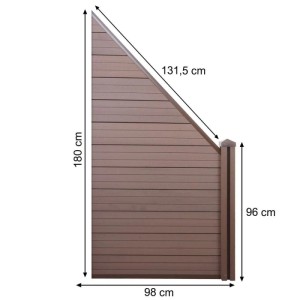 Braunes WPC-Sichtschutz-Erweiterungselement Savoie (schräg rechts) mit Maßangaben für Zaunbau.