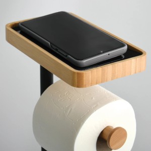 MSV WC-Garnitur Teiki 3-in-1 aus Bambus und Stahl mit Ablage für Handy.