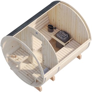 Palmako Saunafass Anita, 1,3 m², naturbelassen, mit Inneneinrichtung und Dach, Querschnitt.