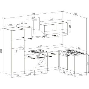 Respekta Winkelküche KBL280ESWS, 280 cm, Weiß/Eiche Sonoma Nachbildung, mit Elektrogeräten. Schemazeichnung mit Maßen.