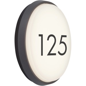 Runde AEG LED-Außenwandleuchte Letan in Anthrazit mit Hausnummer 125.