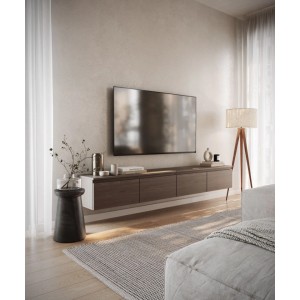 Modernes Selsey TV-Hängeboard Bemmi 200 cm in Nussbaum-Holzoptik, schwebend unter TV im Wohnzimmer. Bietet Stauraum.
