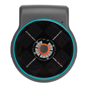 Gardena Aqua Bloom Solar-Bewässerungssystem: Detailansicht der Steuereinheit mit Solarpanel und Zeitschaltuhr.