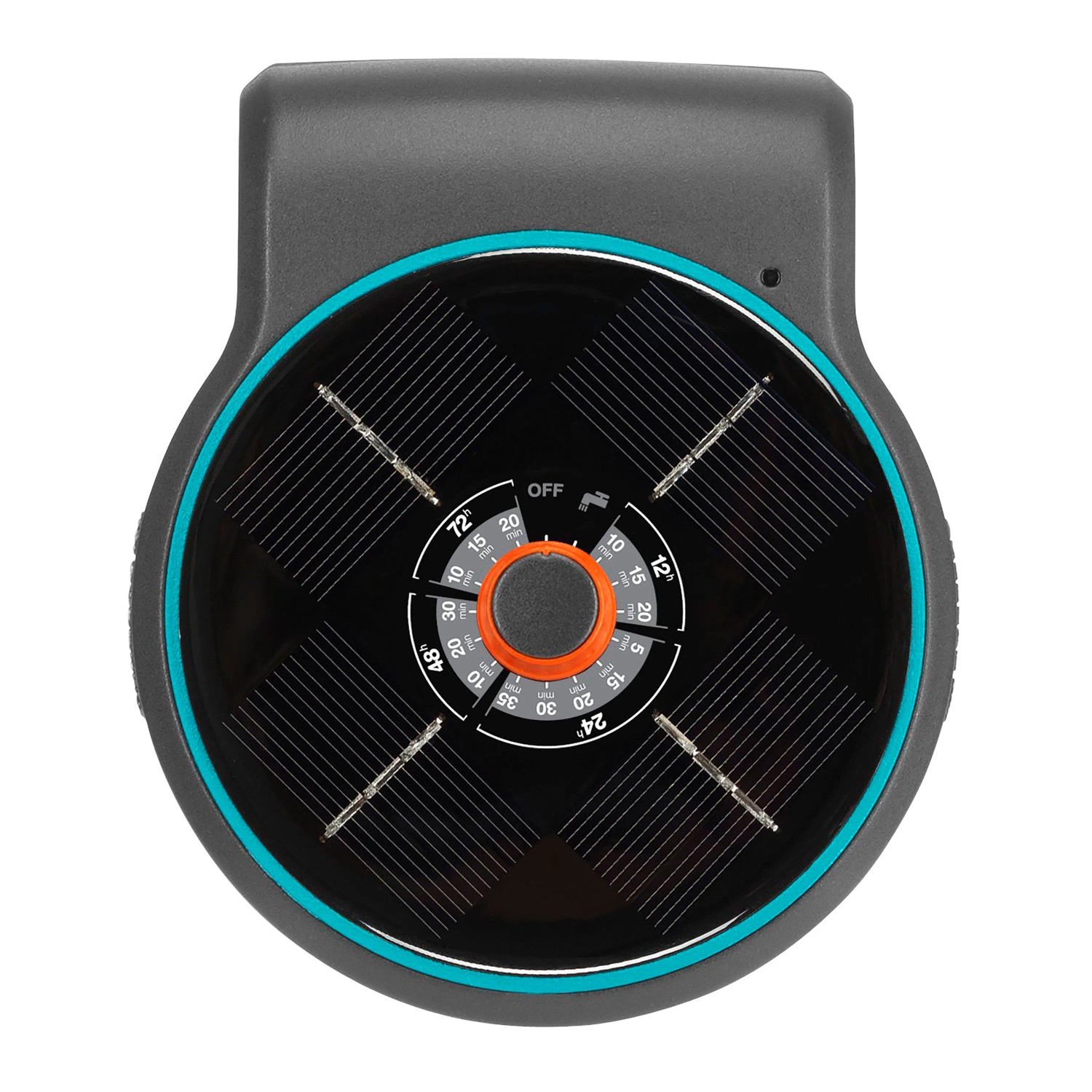 Gardena Aqua Bloom Solar-Bewässerungssystem: Detailansicht der Steuereinheit mit Solarpanel und Zeitschaltuhr.