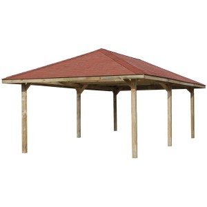 Weka Pavillon Gartenoase 651 B, 433x778 cm, mit rotem Dach und Holzpfosten.