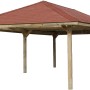 Weka Pavillon Gartenoase 651 B, 433x778 cm, mit rotem Dach und Holzpfosten.