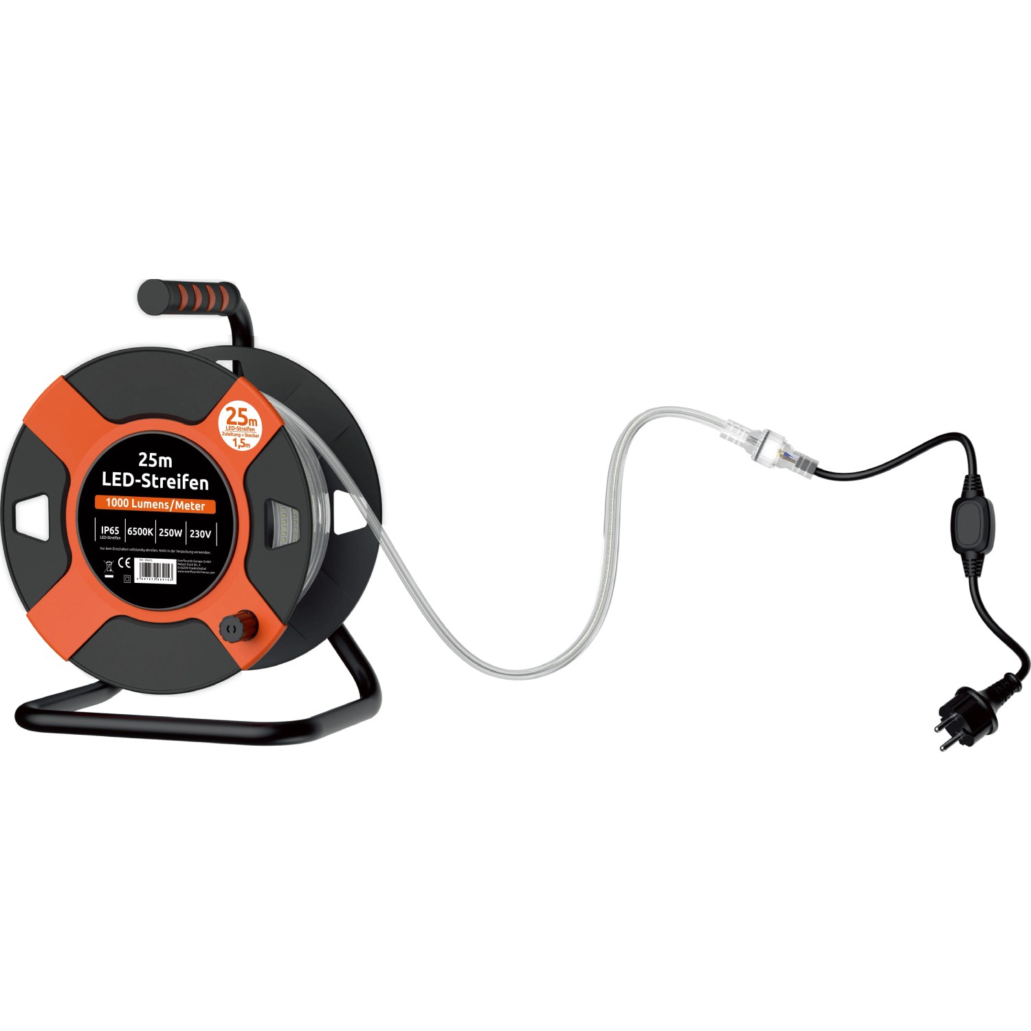 Kabeltrommel mit 25 m LED Lichtband für Baustrahler, aufgerollt.