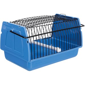 Blaue Trixie Transportbox für Kleintiere mit Gitter und Sitzstange, 22x14x15cm.