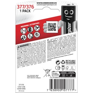 Energizer 377/376 Silberoxid Knopfzelle, 1er Pack. Batterie für Uhren und Kleingeräte.