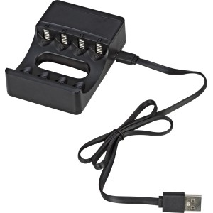 Schwarzes Batterie-Ladegerät mit USB-Kabel zum Aufladen von bis zu 4 Akkus gleichzeitig.