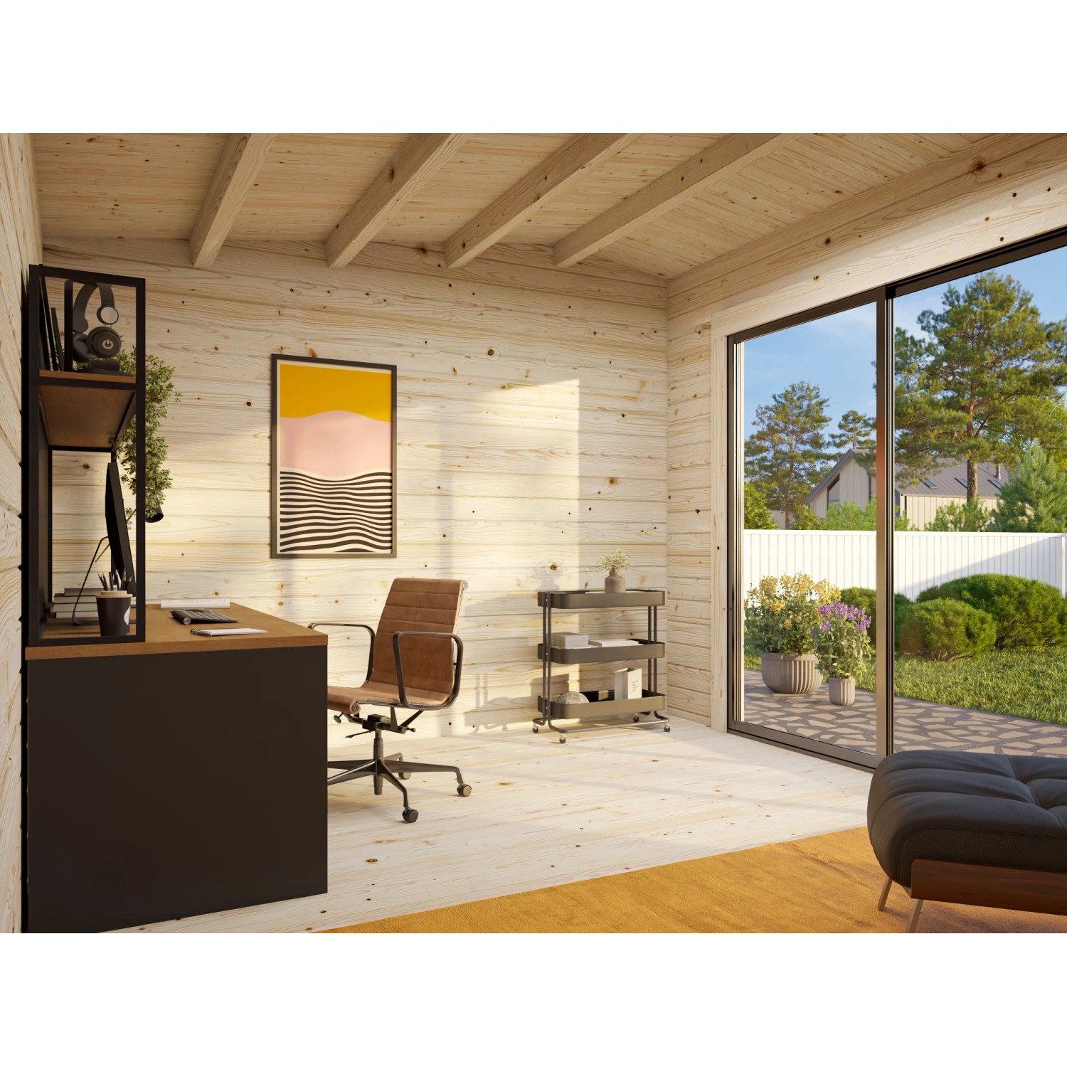 Innenansicht Palmako Gartenhaus Ines Slide Plus, hellgrau-anthrazit, mit Schiebetür und Büroeinrichtung.