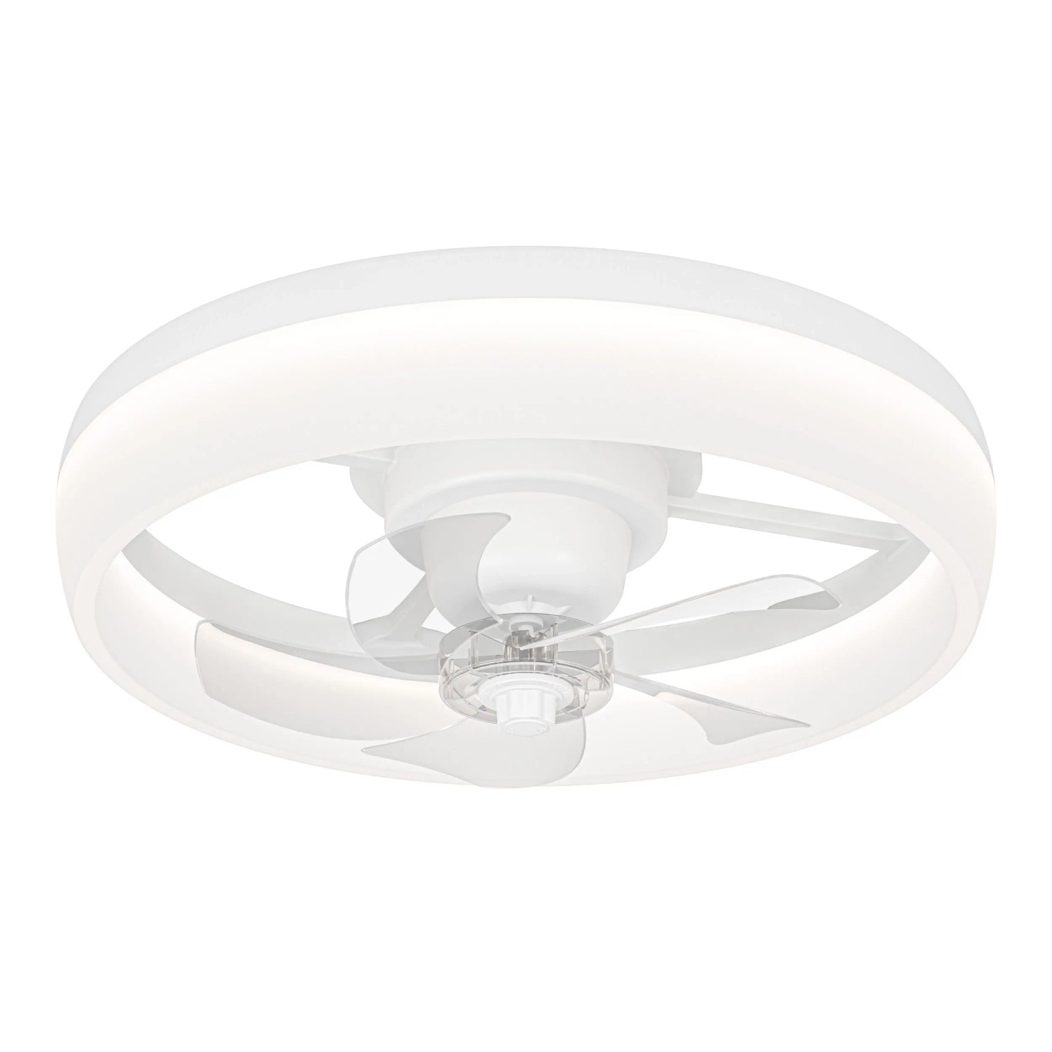 Weißer Eglo LED-Deckenventilator Castaic mit transparenten Flügeln und integrierter Beleuchtung, Ø 50 cm.