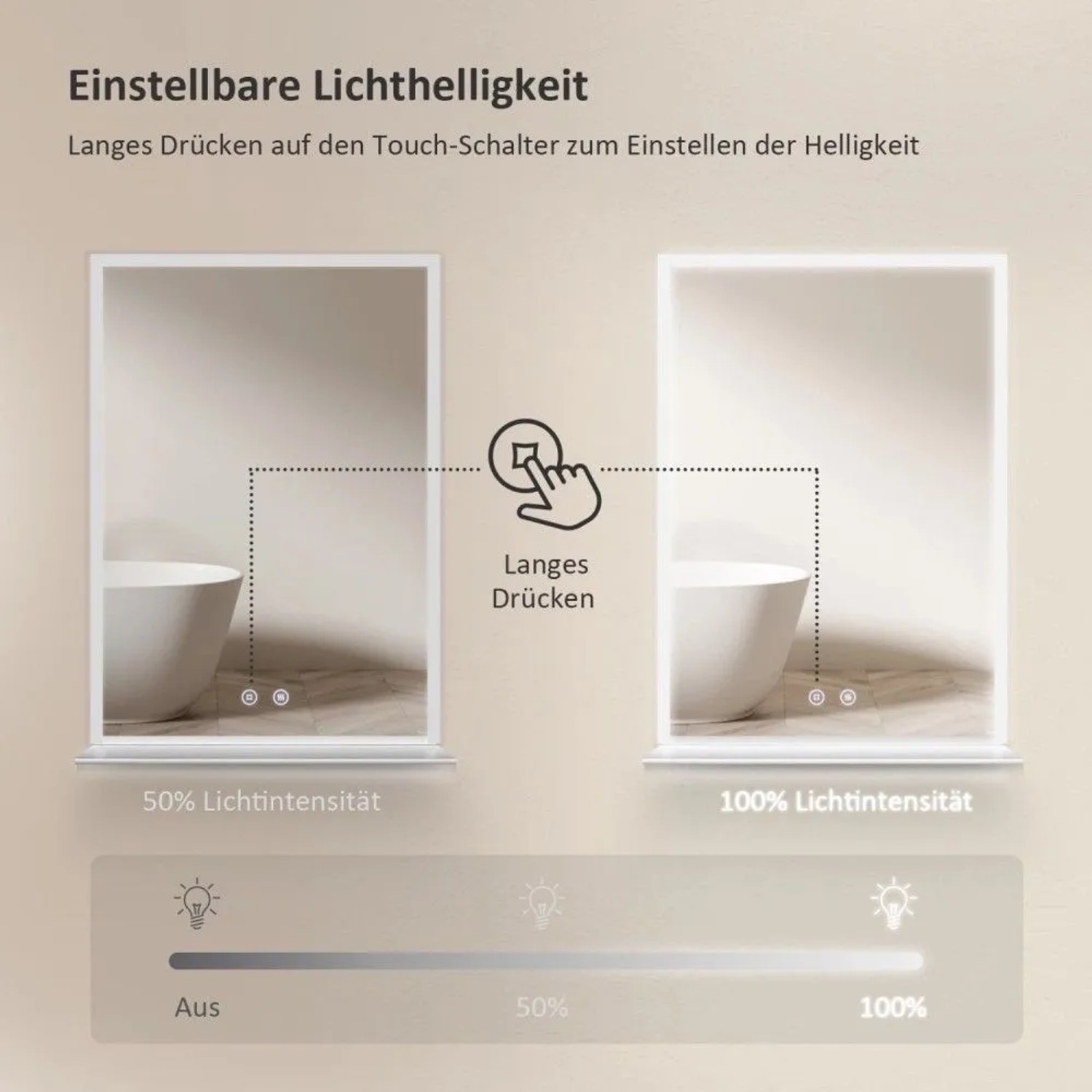 Emke Badspiegel mit LED-Beleuchtung. Helligkeit einstellbar per Touch-Schalter, von 50% auf 100% Kaltweiß.