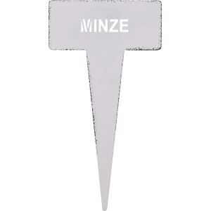 Weißer Kräuterstecker 'Minze' aus Metall, 15 cm hoch, zur Kennzeichnung im Kräutergarten.