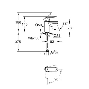 Technische Zeichnung: Grohe Eurosmart Cosmopolitan Waschtischarmatur S-Size, Chrom, mit Maßangaben.