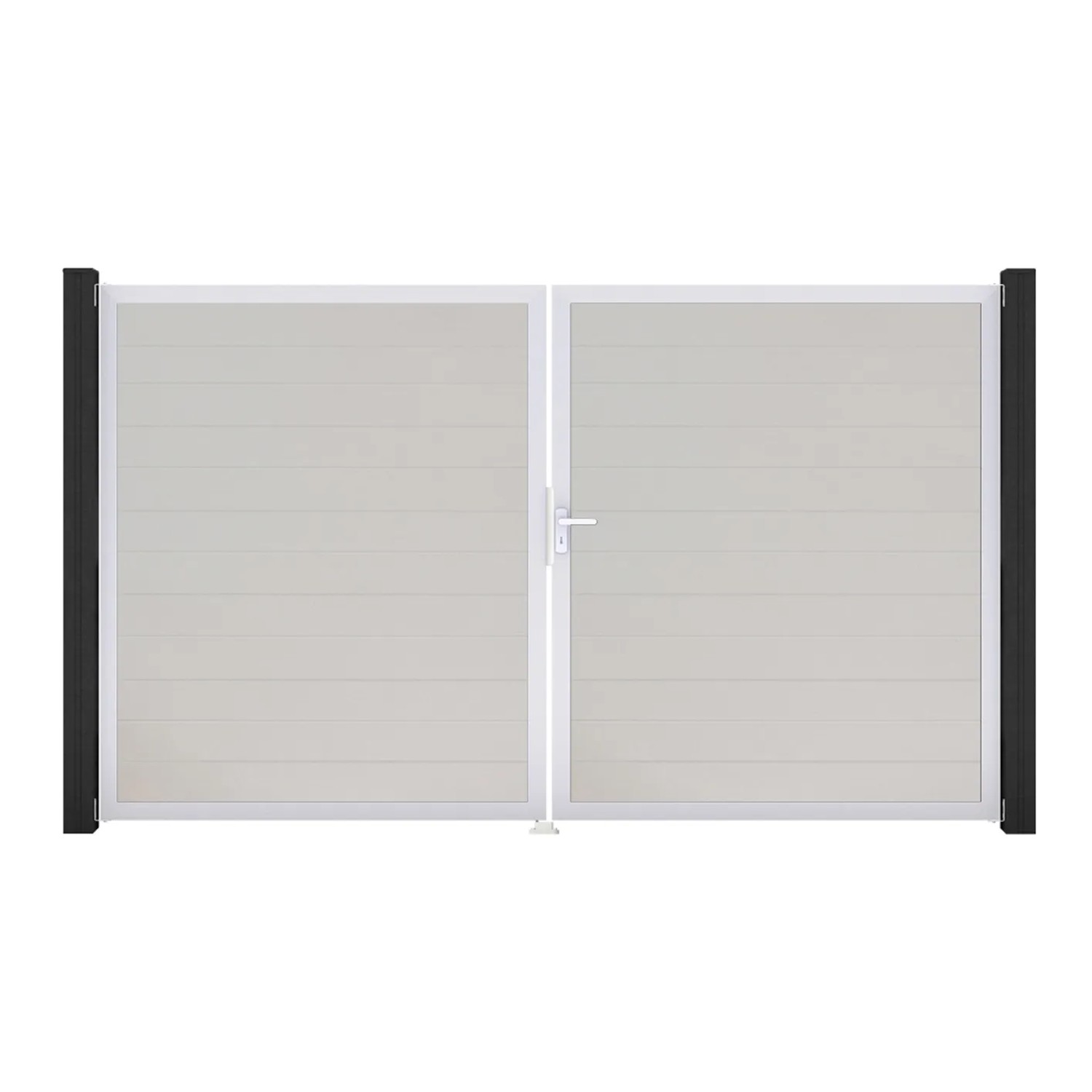 GroJa Basicline Doppeltor, weiß, mit Aluminiumrahmen und horizontalen Profilen. Sichtschutzzaun Tor.