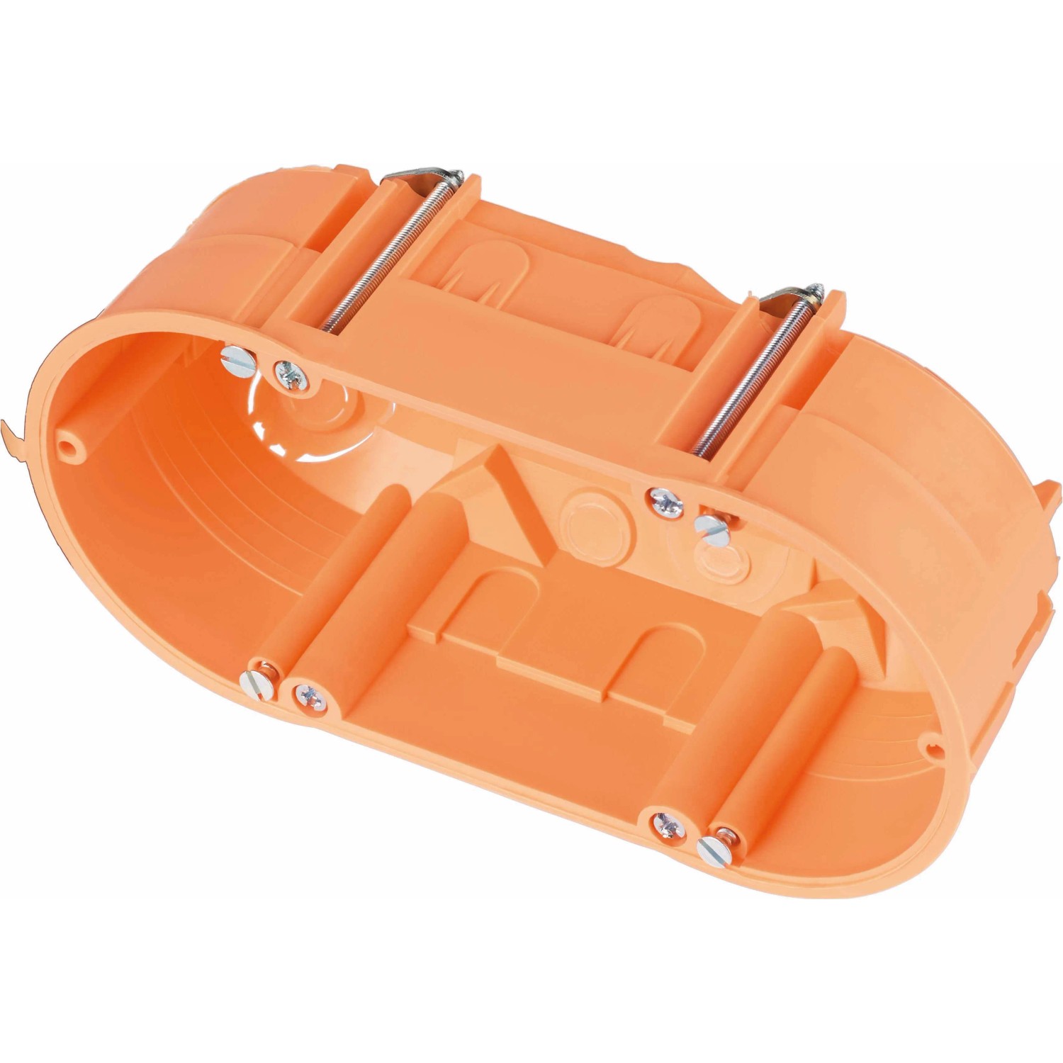 Orangefarbene 2-fach Hohlwanddose (135x65mm) mit Spreizkrallen für Schalter und Steckdosen.
