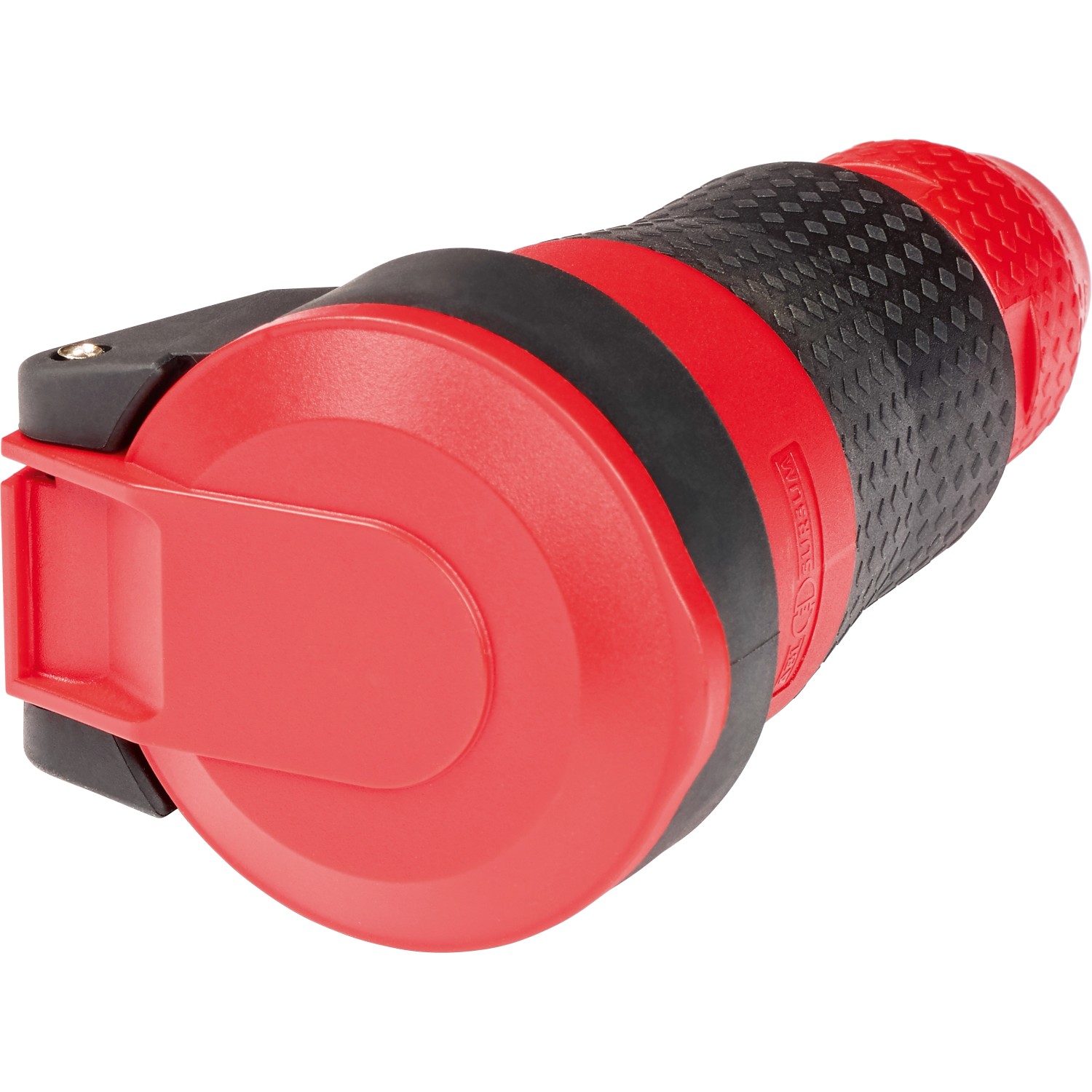 ABL Sursum Schuko Kupplung, rot-schwarz, mit selbstschließendem Deckel und Spannungsanzeige.