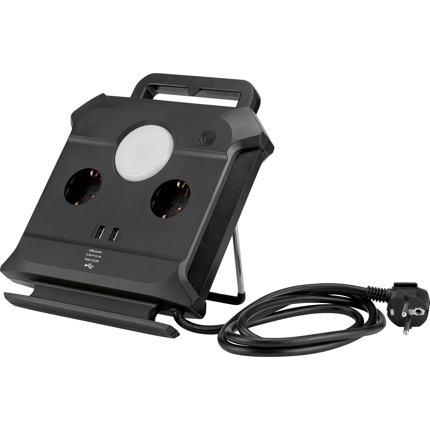 Schwarze Kabeltrommel mit USB, Leuchte und 1,4 m Kabel für den Innenbereich.