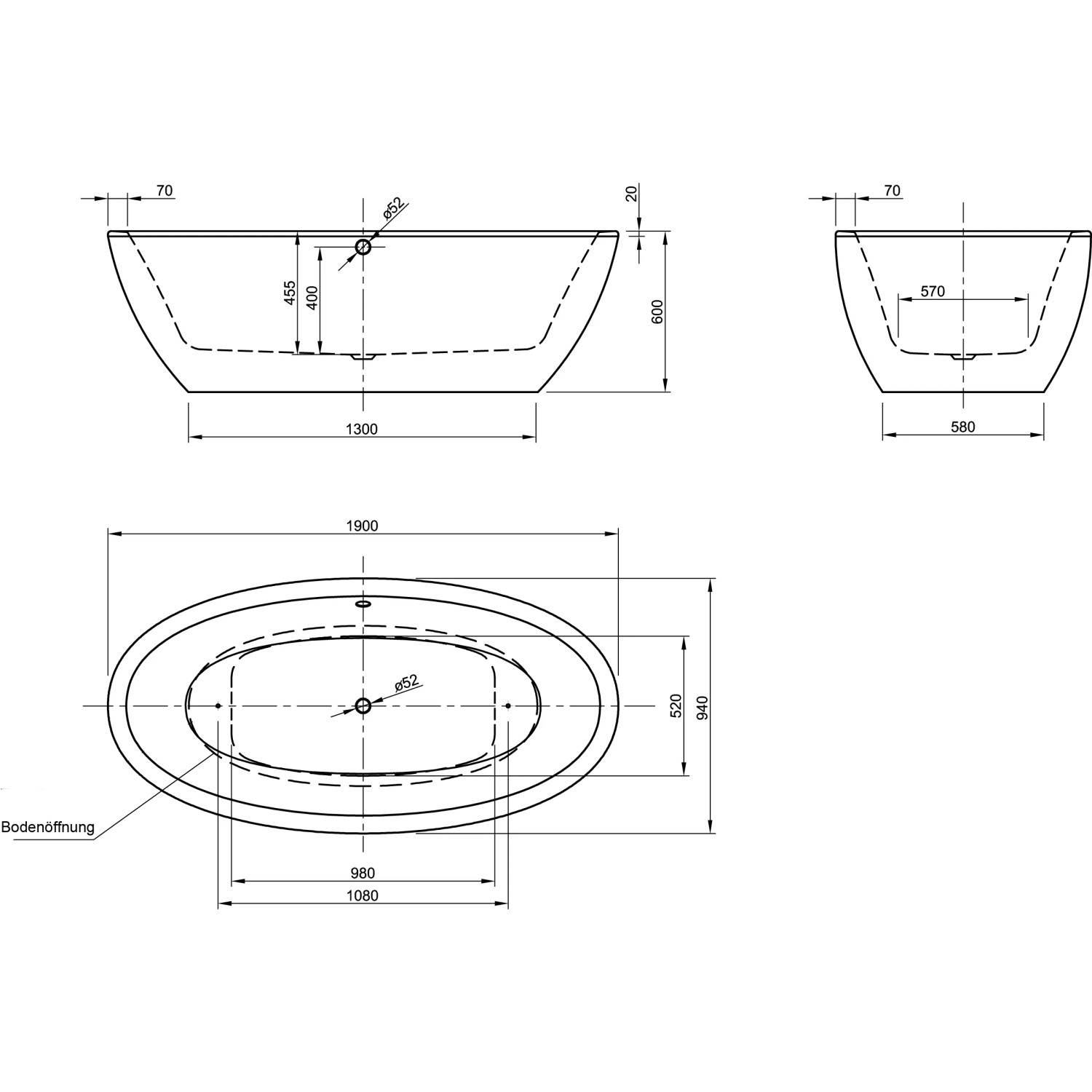 Technische Zeichnung der freistehenden Badewanne Latina, 190x94 cm, mit Maßangaben.