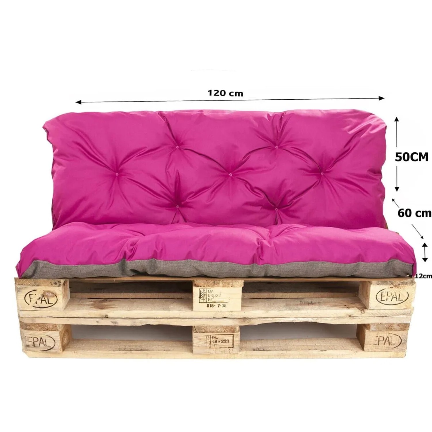 Setgarden Palettenkissen Set in Rose/Grau auf Holzpalette. Sitzkissen 120x60cm, Rückenkissen 120x50cm für Garten & Terrasse.