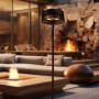 Elektrischer, schwarzer Best Terrassenheizer Zen, 1500W, freistehend, mit leuchtendem Halogen-Heizelement auf moderner Terrasse.
