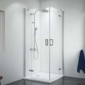 Breuer Eckeinstieg Panorama Drehtür, 100x100 cm, Chrom/Klarglas, mit Duscharmatur.